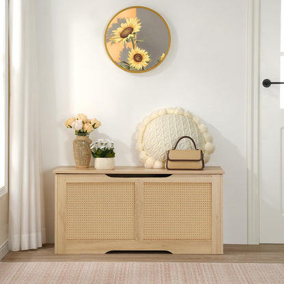 HOOBRO Natural 39.3-inch Wicker Style Storage Bench with Safety Hinges & U-Shaped Opening