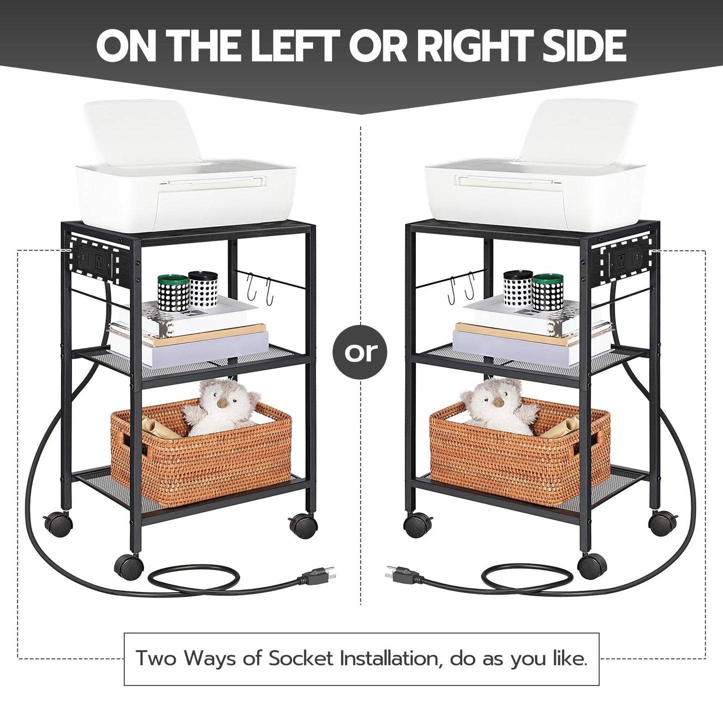 HOOBRO Black Industrial Style Three-Tier Movable Printer Stand with Wheels & Power Outlet & USB Port &2 Hooks