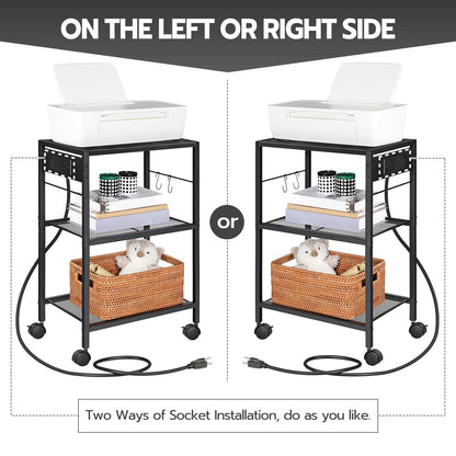 HOOBRO Black Industrial Style Three-Tier Movable Printer Stand with Wheels & Power Outlet & USB Port &2 Hooks