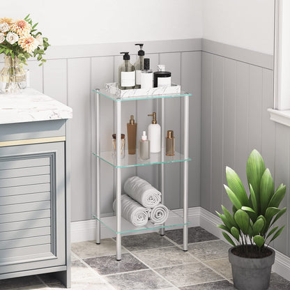 HOOBRO Silver Three-Tier Floor-Standing Glass Bathroom Shelf
