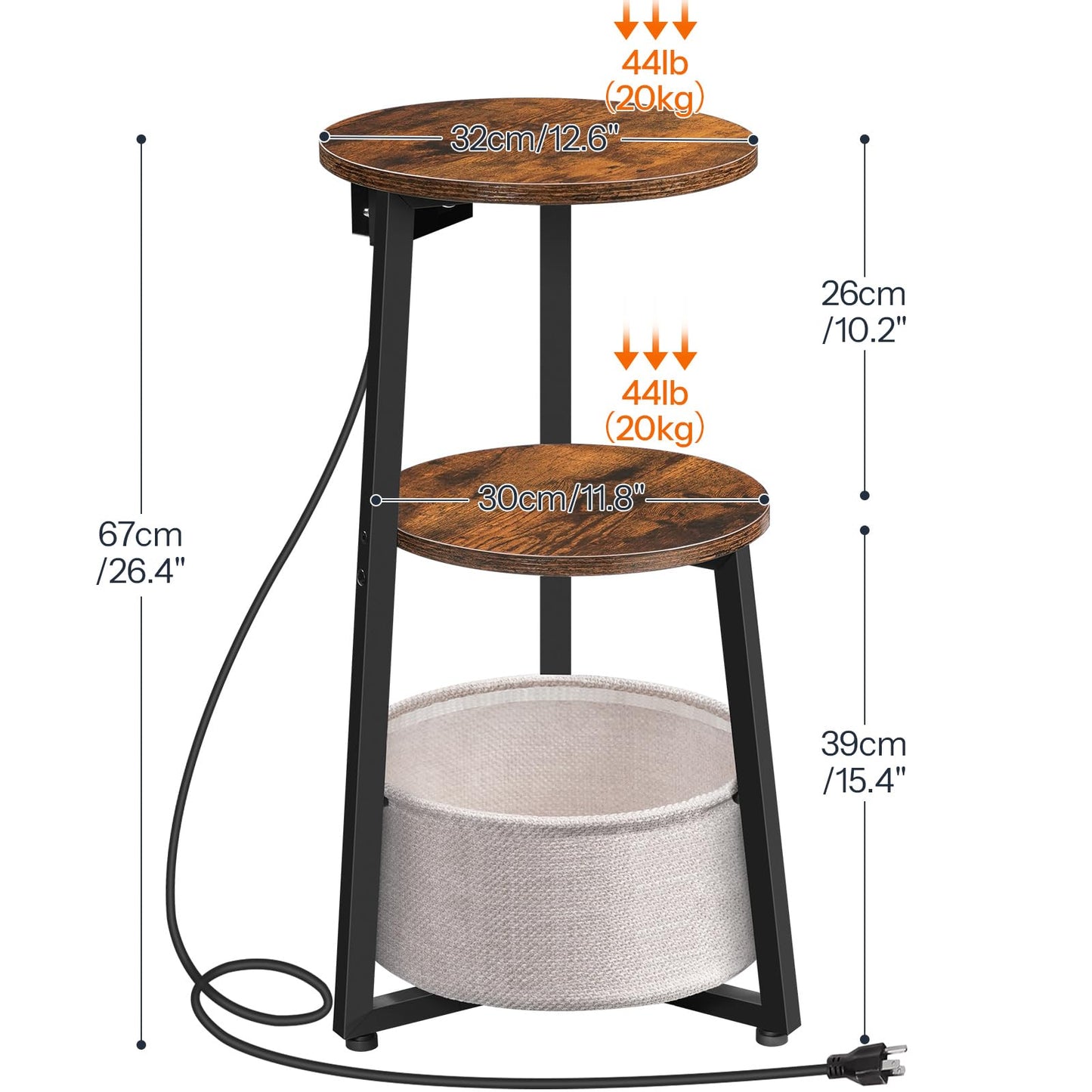 HOOBRO Retro Brown Small Round Side Table with Charging Station & Storage Basket