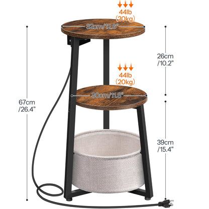 HOOBRO Retro Brown Small Round Side Table with Charging Station & Storage Basket