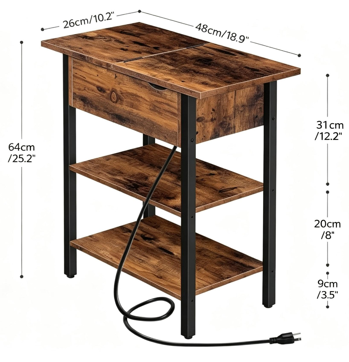 HOOBRO End Table with Charging Station, Narrow Side Table, Flip Top Nightstand with USB Ports and Outlets, Bedside Tables with Shelf for Small Spaces, Living Room, Rustic Brown BF341BZ01