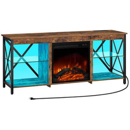 HOOBRO Vintage Brown Glass Shelf Fireplace TV Stand with Charging Station & LED Lights
