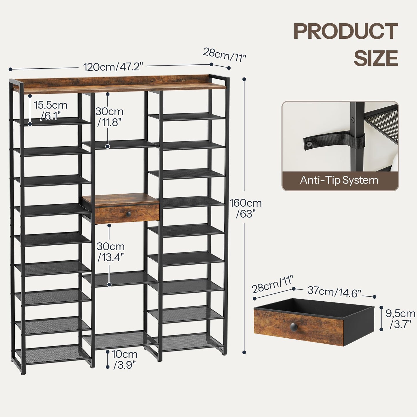 Shelving unit with dimensions and anti-tip system feature on a white background