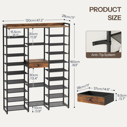 Shelving unit with dimensions and anti-tip system feature on a white background