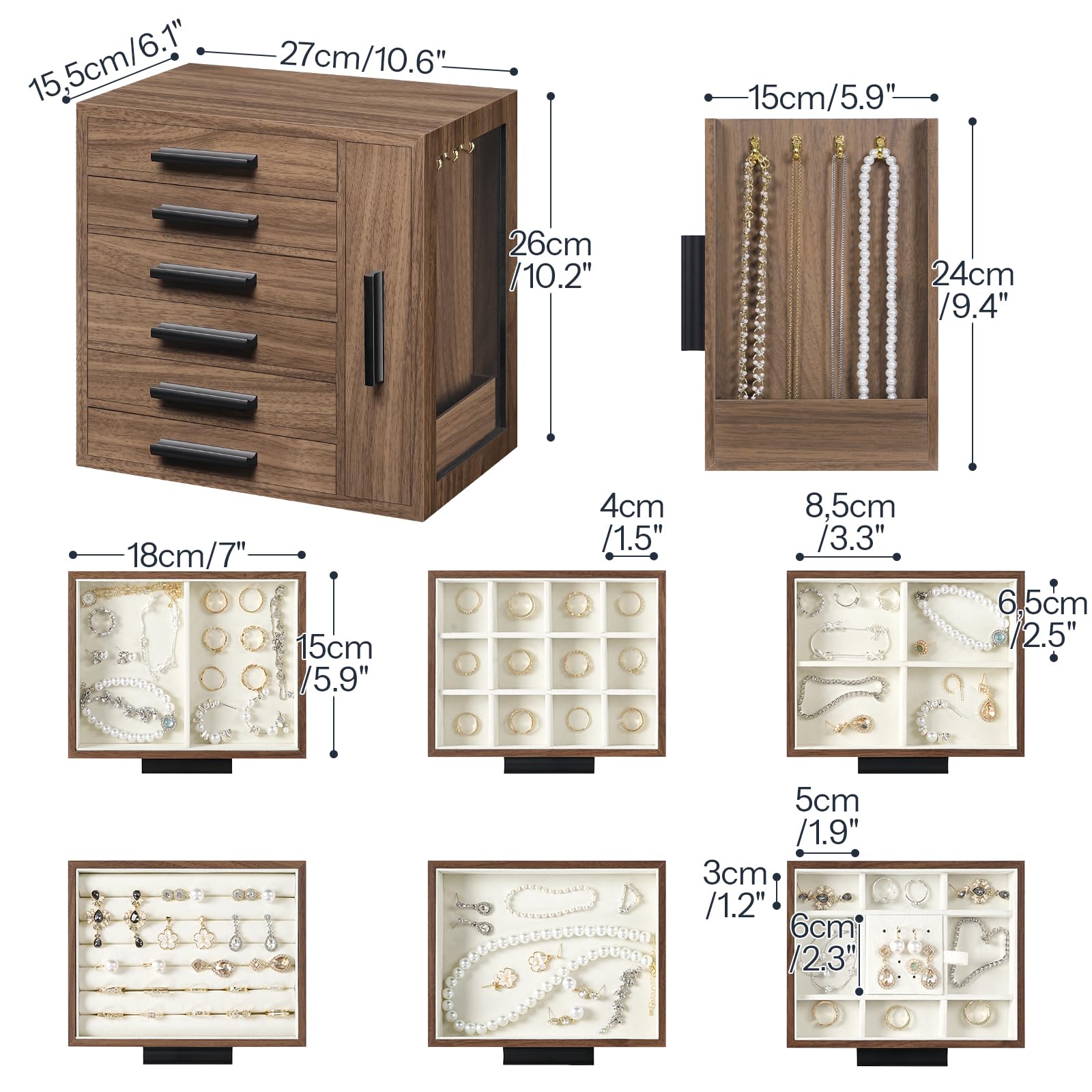 HOOBRO 6-Tier Wooden Jewelry Organizer Box
