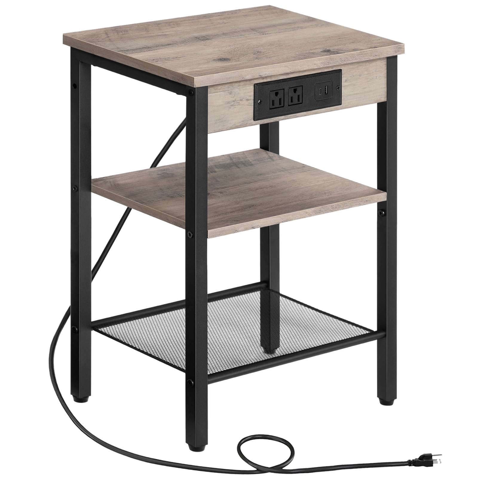 Side table with wooden top and black metal frame on a white background