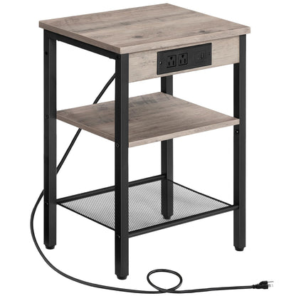 Side table with wooden top and black metal frame on a white background