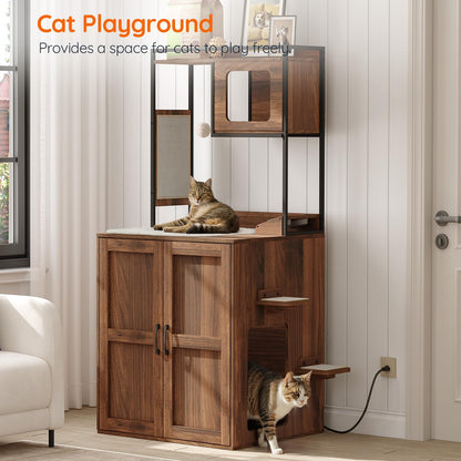 HOOBRO Brown Hidden Robotic Automatic Cat Litter Box Cabinet with Charging Station & Scratch Mat