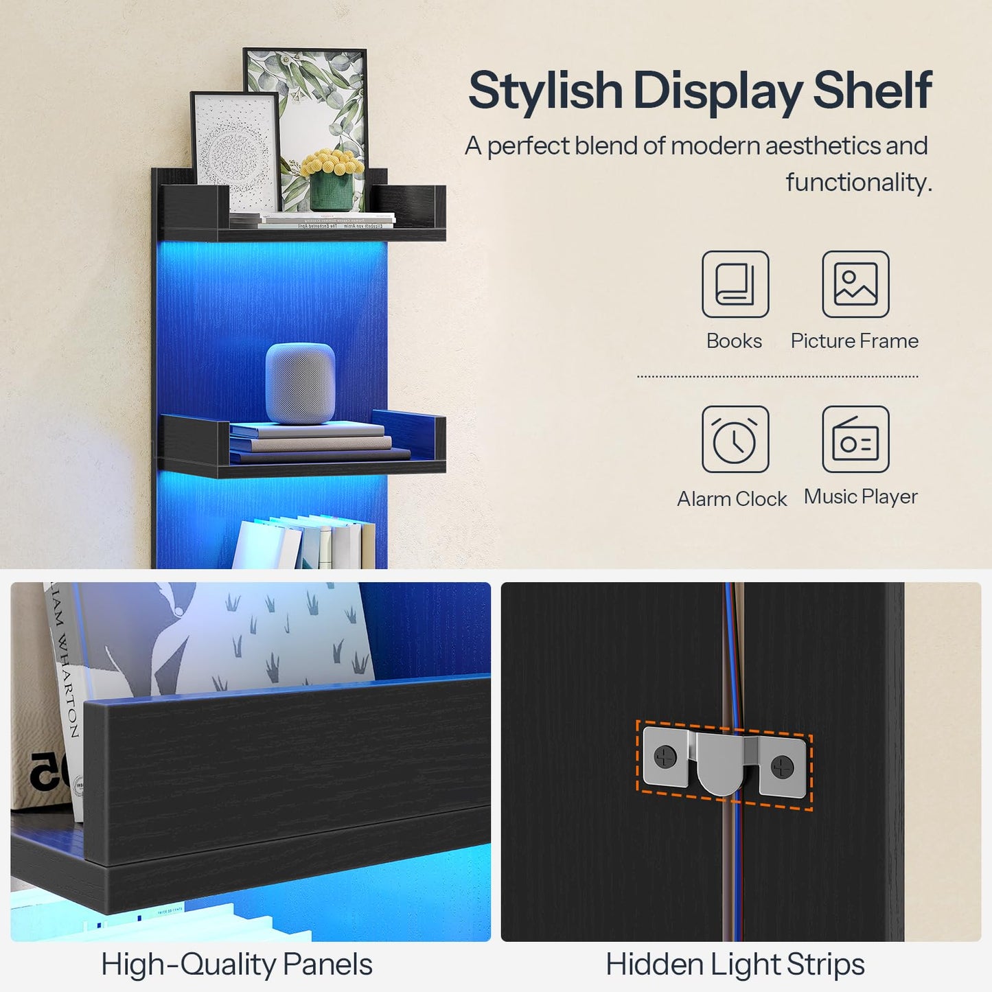 HOOBRO 4-Tier Floating Wall Shelves with LED Lights