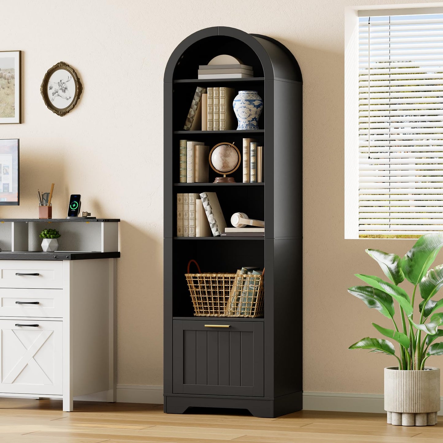 HOOBRO 6-Tier Wooden Arched Bookcase with File Drawers & Adjustable Shelves