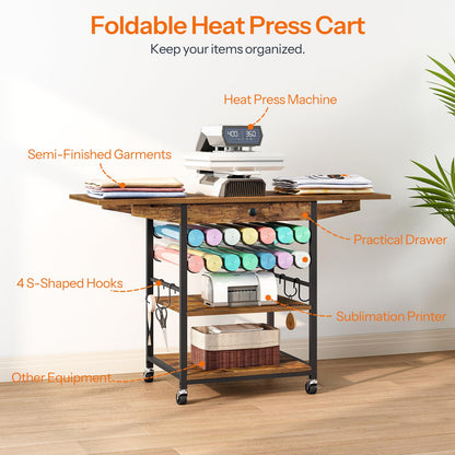 HOOBRO 3-Tier Movable Heat Press Table with Vinyl Roll Holder & Drawer