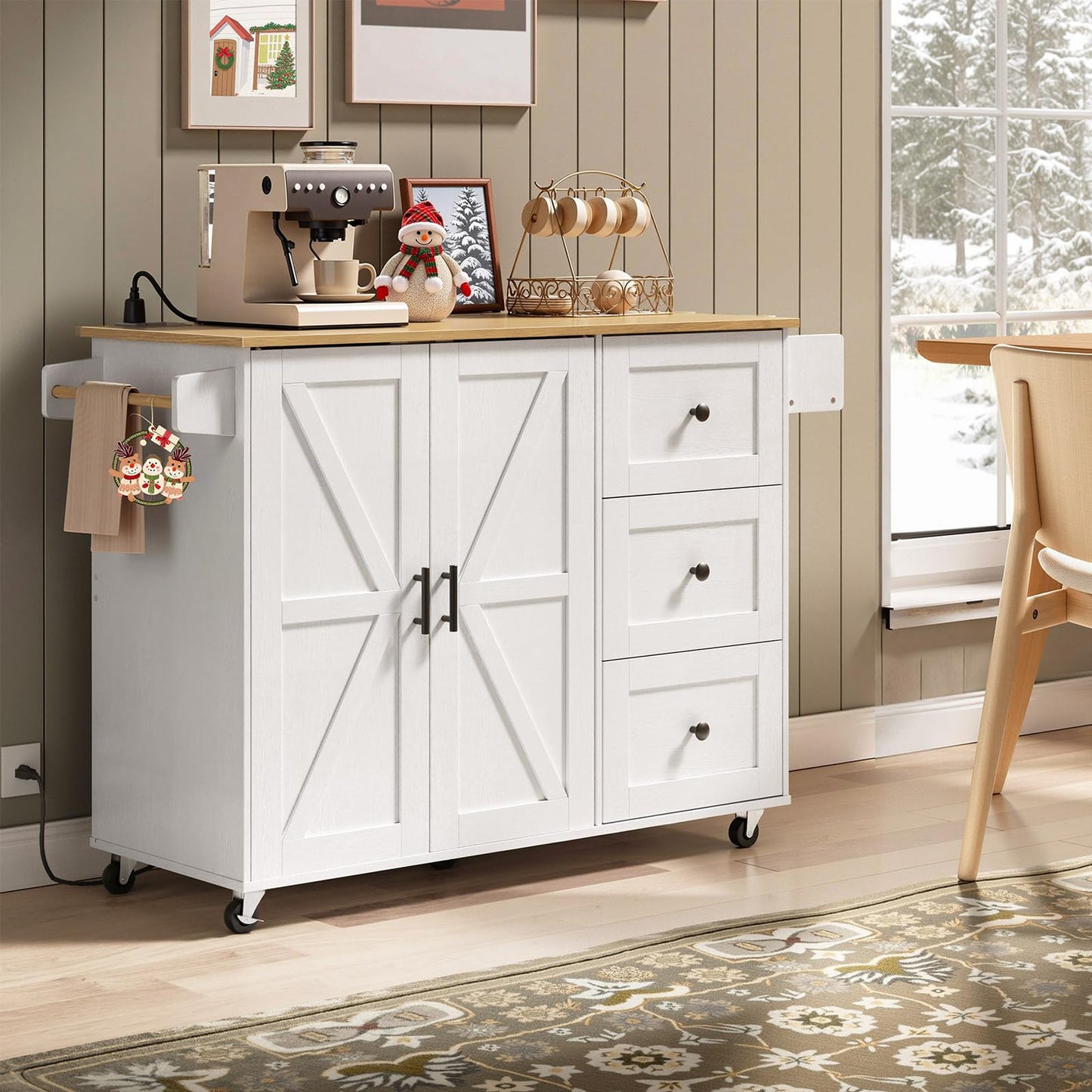 HOOBRO White Portable Kitchen Island with Power Outlet & Adjustable Shelves