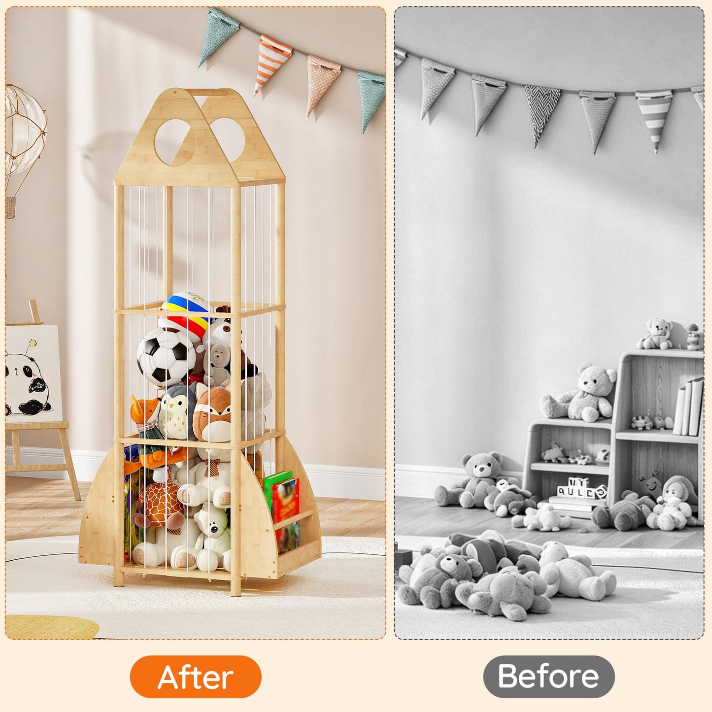 HOOBRO Stuffed Animal Storage, Bamboo Stuffed Animal Organizer with Elastic Cords and Side Bookshelf, Stuffed Animal Holder for Kids' Room, Playroom, Bedroom, Living Room, Nursery, Natural YL67CW01