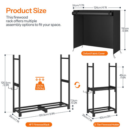 HOOBRO 4FT Adjustable Firewood Rack with 2 Hooks & Cover