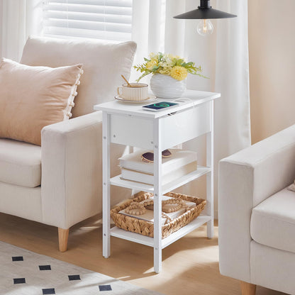HOOBRO End Table with Charging Station, Narrow Side Table, Flip Top Nightstand with USB Ports and Outlets, Bedside Tables with Shelf for Small Spaces, Living Room, White WT341BZ01