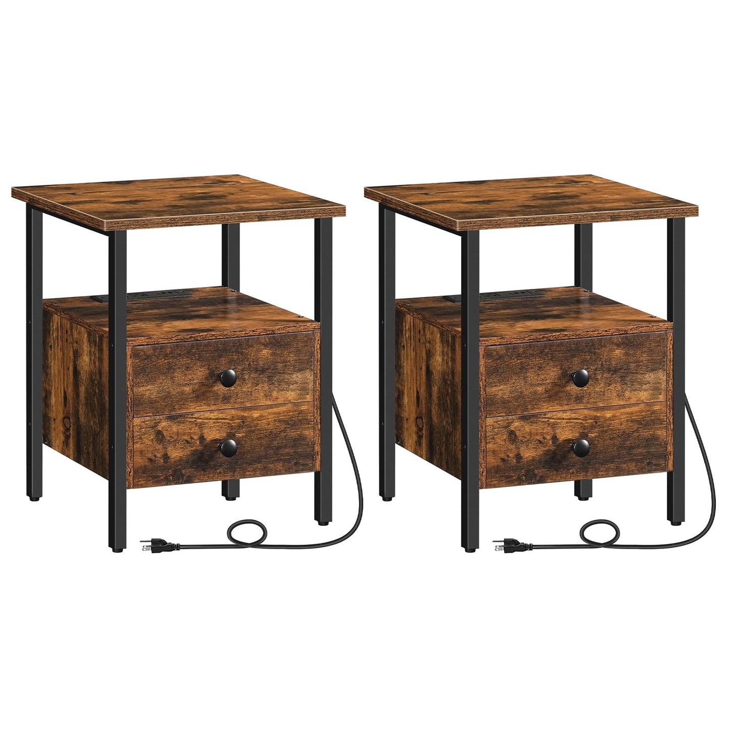 HOOBRO 2-Drawer Nightstands & End Tables with Charging Station / 2PICS