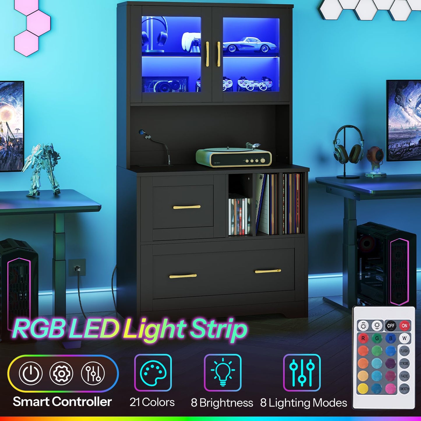 HOOBRO 2 Drawer File Cabinet with Charging Station & LED Lights