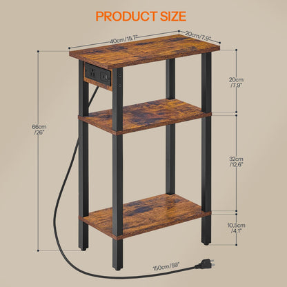 HOOBRO Narrow Side Table, 3-Tier Slim End Table with Charging Station, Skinny Nightstand with Open Storage, for Small Spaces, Living Room, Bedroom, Study, Rustic Brown and Black BF340UBZ01