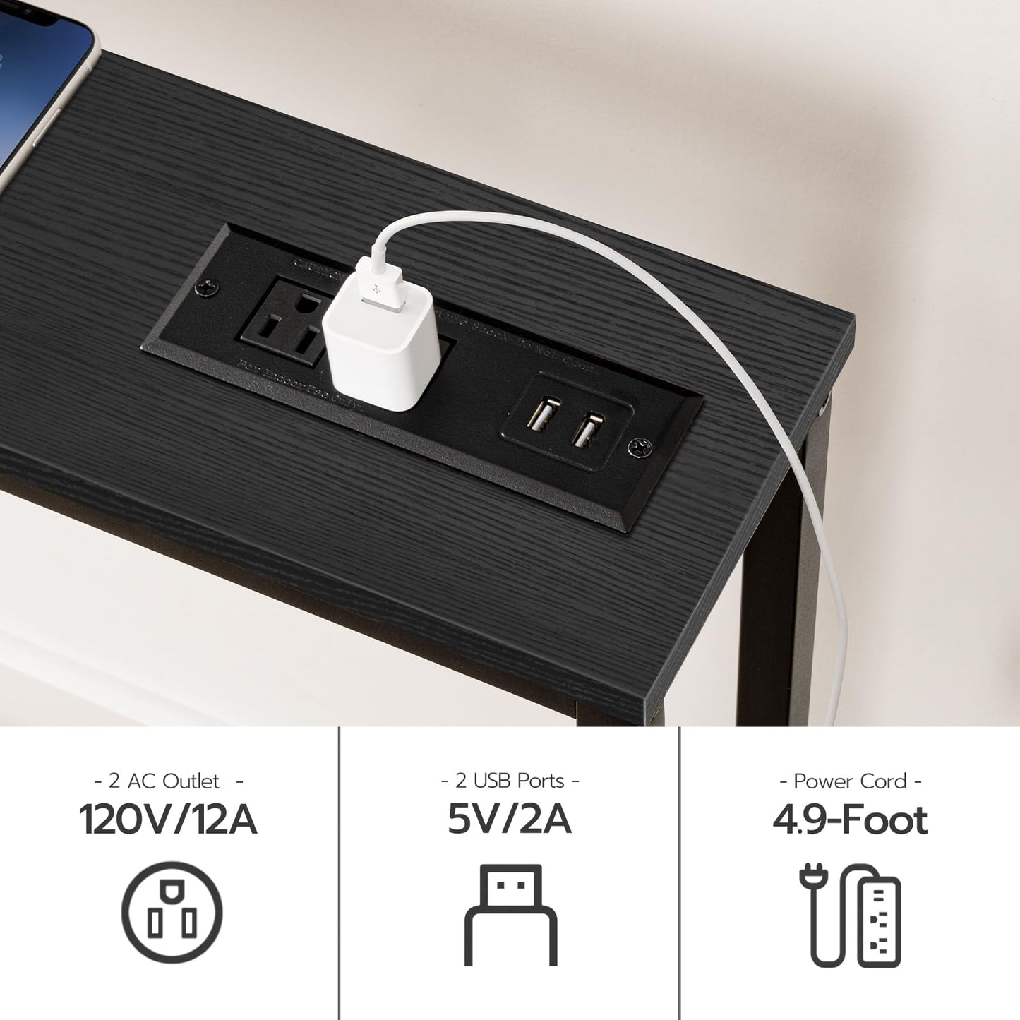HOOBRO Black 63-inch Narrow Console Table with Charging Station & 2 Power Outlets & USB Port