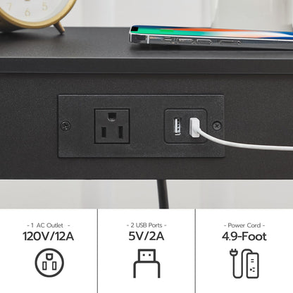 HOOBRO Black Side Table with Double Storage Shelf & USB Power Outlet /2PICS