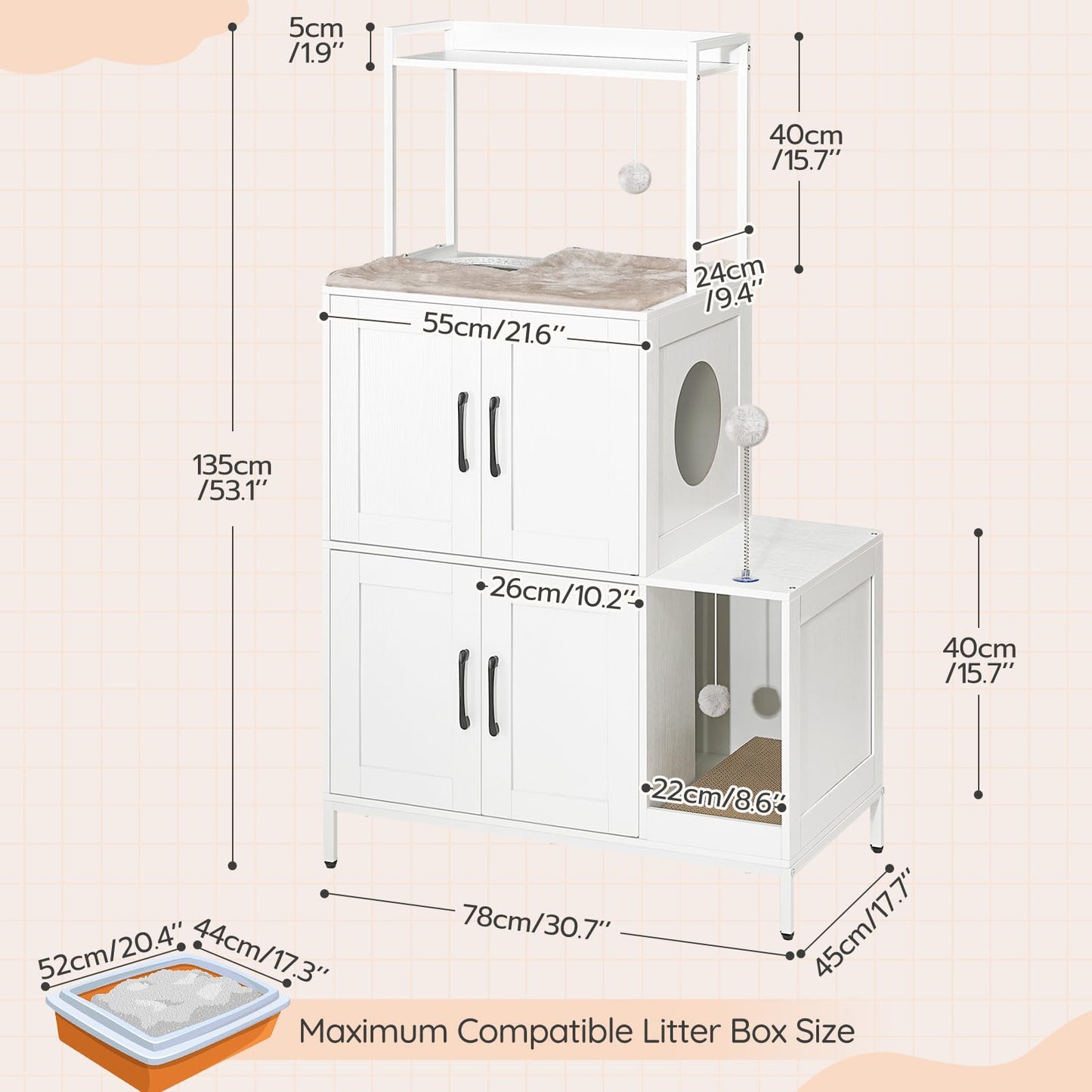 White pet litter box cabinet with dimensions labeled on a beige background