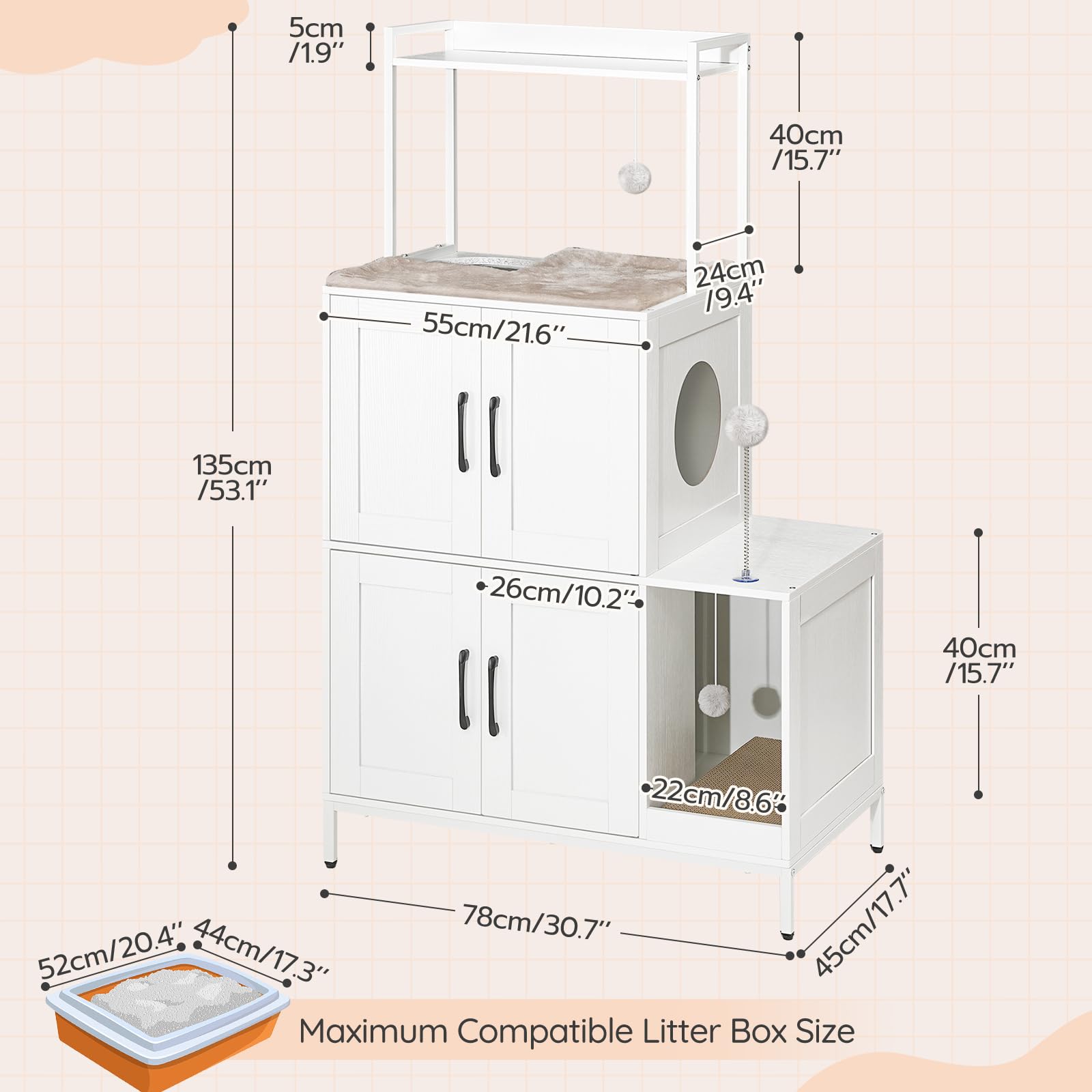 White pet litter box cabinet with dimensions labeled on a beige background