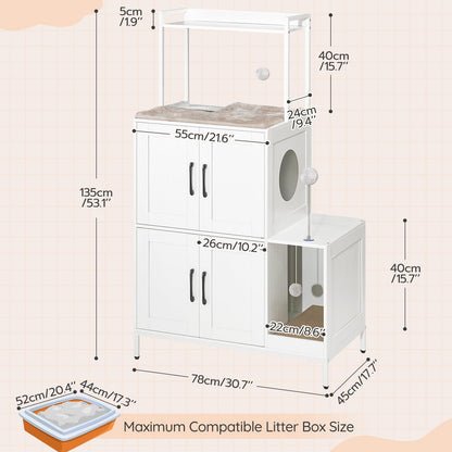 White pet litter box cabinet with dimensions labeled on a beige background