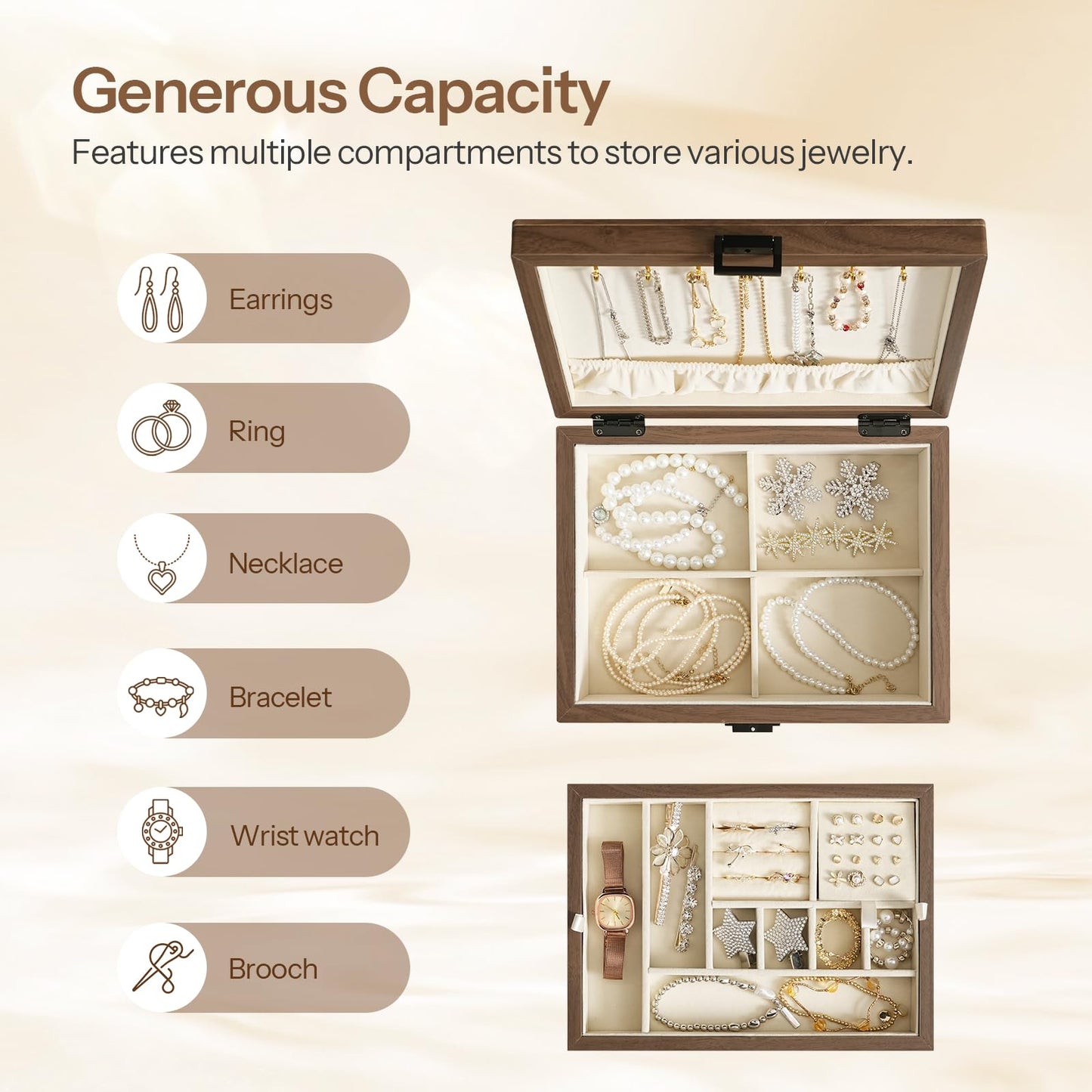 Jewelry organizer with multiple compartments for storing earrings, rings, necklaces, bracelets, watches, and brooches.