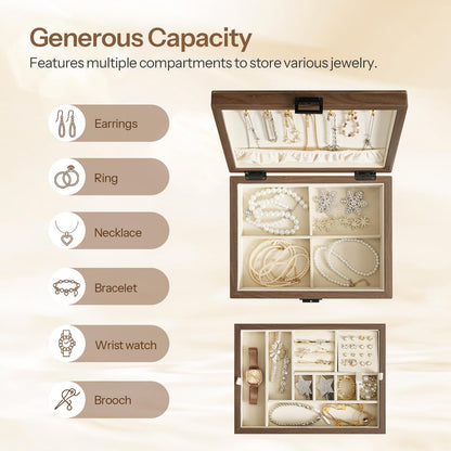 Jewelry organizer with multiple compartments for storing earrings, rings, necklaces, bracelets, watches, and brooches.