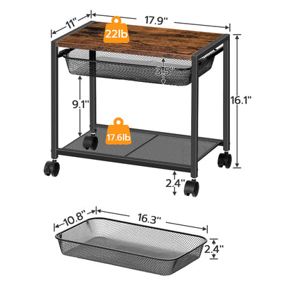 HOOBRO Retro Brown Double-Layer Movable Printer Stand Trolley with Wheels & Storage Shelf
