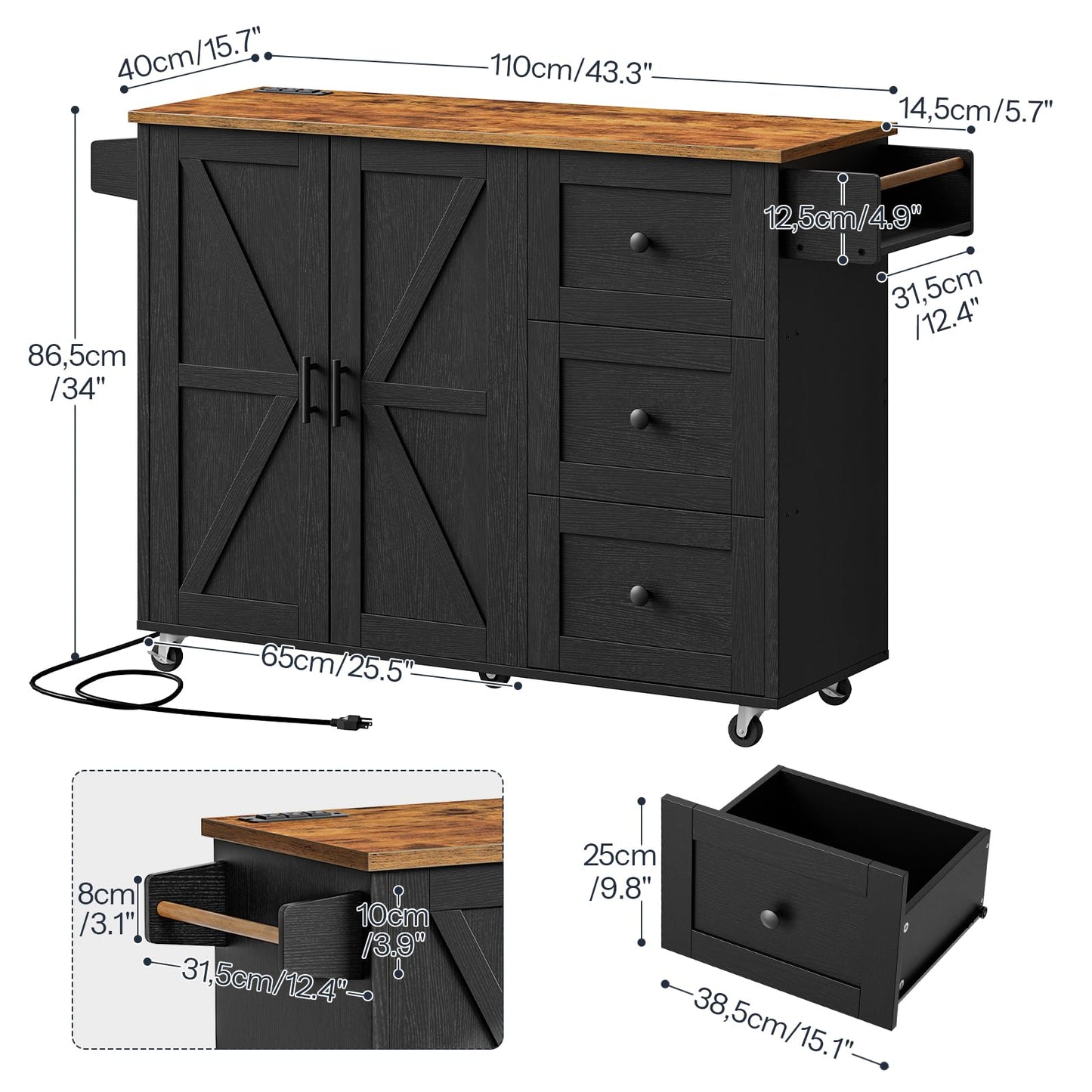 HOOBRO Rolling Kitchen Island with Power Outlet