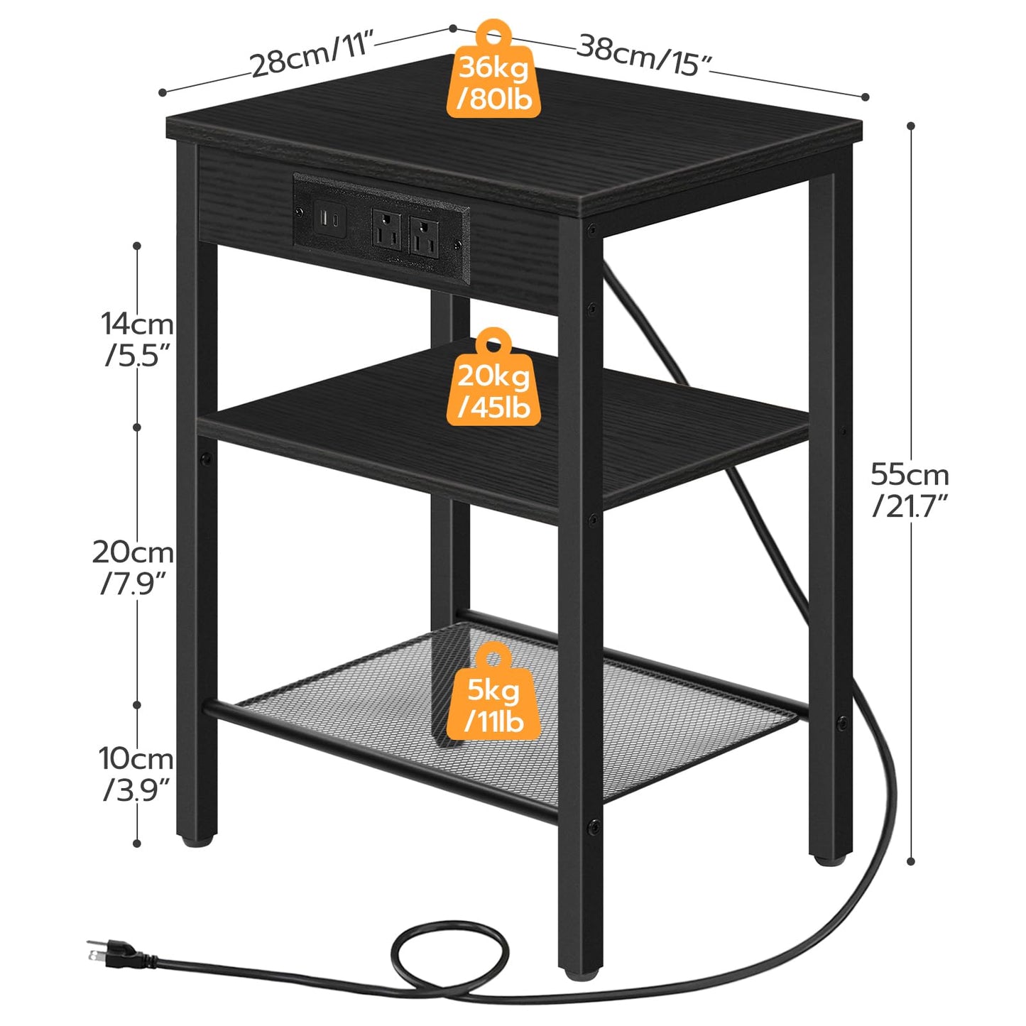 HOOBRO Black Triple-Shelf Adjustable Compact Side Table with Charging Station & USB Port