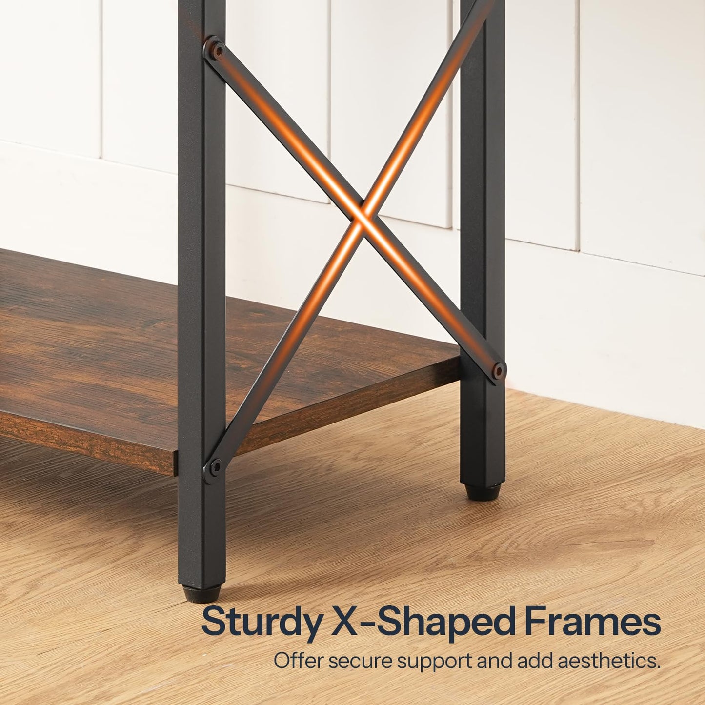Wooden shelf with sturdy X-shaped metal frame on a wooden floor.