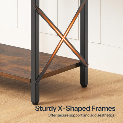 Wooden shelf with sturdy X-shaped metal frame on a wooden floor.
