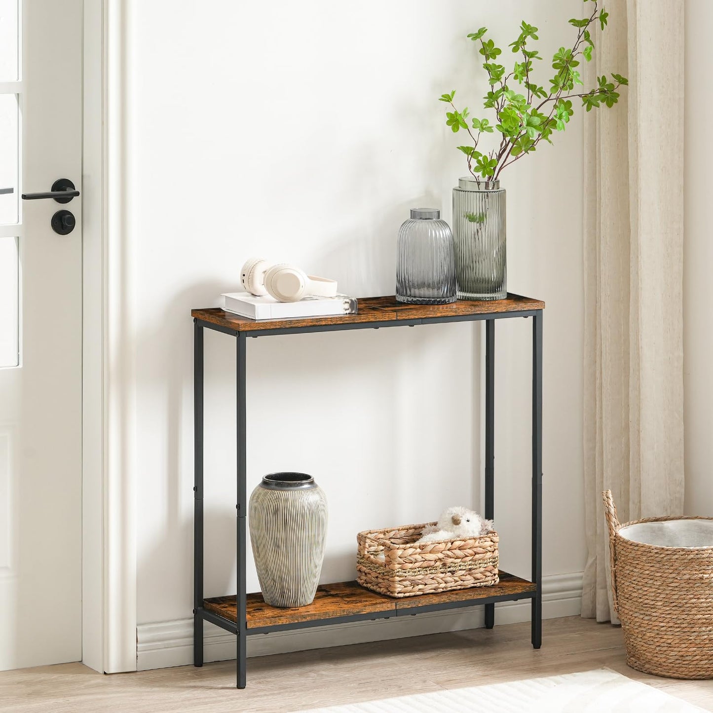 HOOBRO Retro Brown 29.5-inch Long Narrow Console Table with Two-Layer Storage