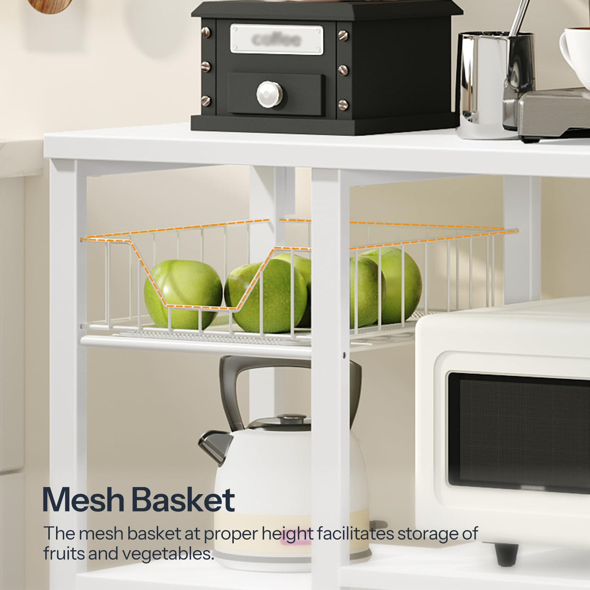 HOOBRO Bakers Rack with Power Outlet, 35.4 Inches Coffee Bar with Mesh Basket, Microwave Stand with 4 S-Shaped Hooks, Kitchen Bakers Rack with Storage, Easy to Assemble, White WT05HB01