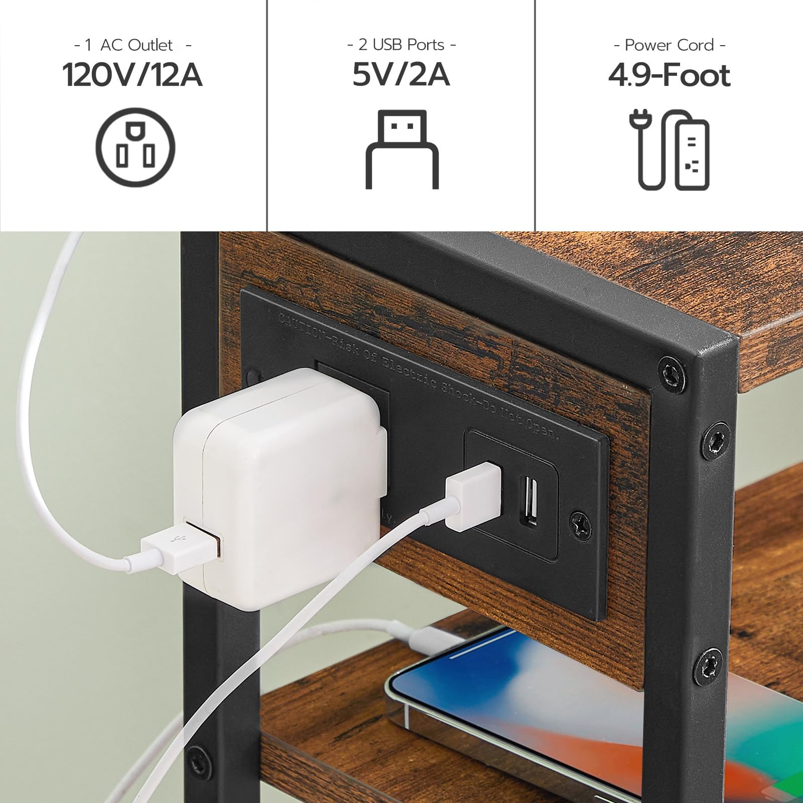 Power adapter plugged into a wall outlet with USB ports on a wooden surface.
