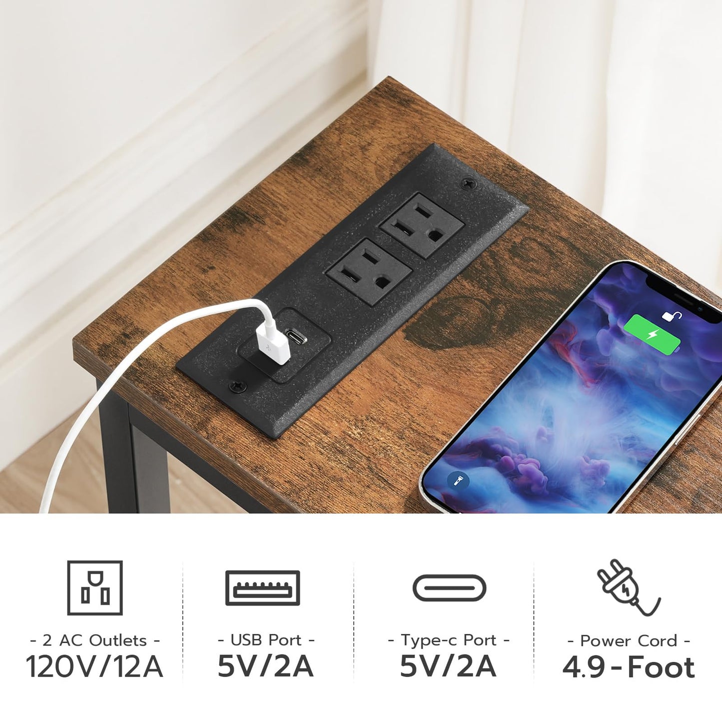 HOOBRO Retro Brown 44.9-inch Narrow Sofa Side Table with Power Outlet