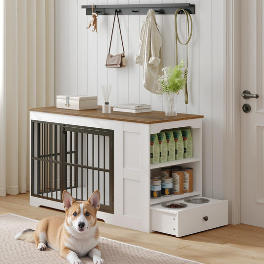 HOOBRO 47.2”  Wooden Dog Crate Furniture with Storage Shelf and Feeding Bowls