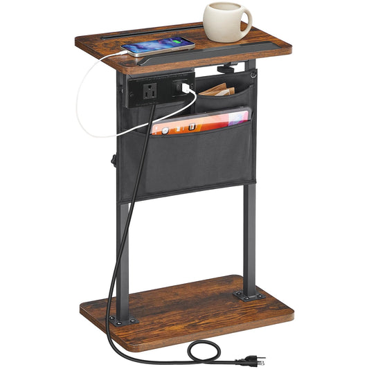 HOOBRO Side Table, Narrow End Table with Charging Station, Height Adjustable Side Table, Tiltable Surface, Storage Bag, Nightstand for Small Spaces, Living Room, Rustic Brown and Black BF435UBZ01