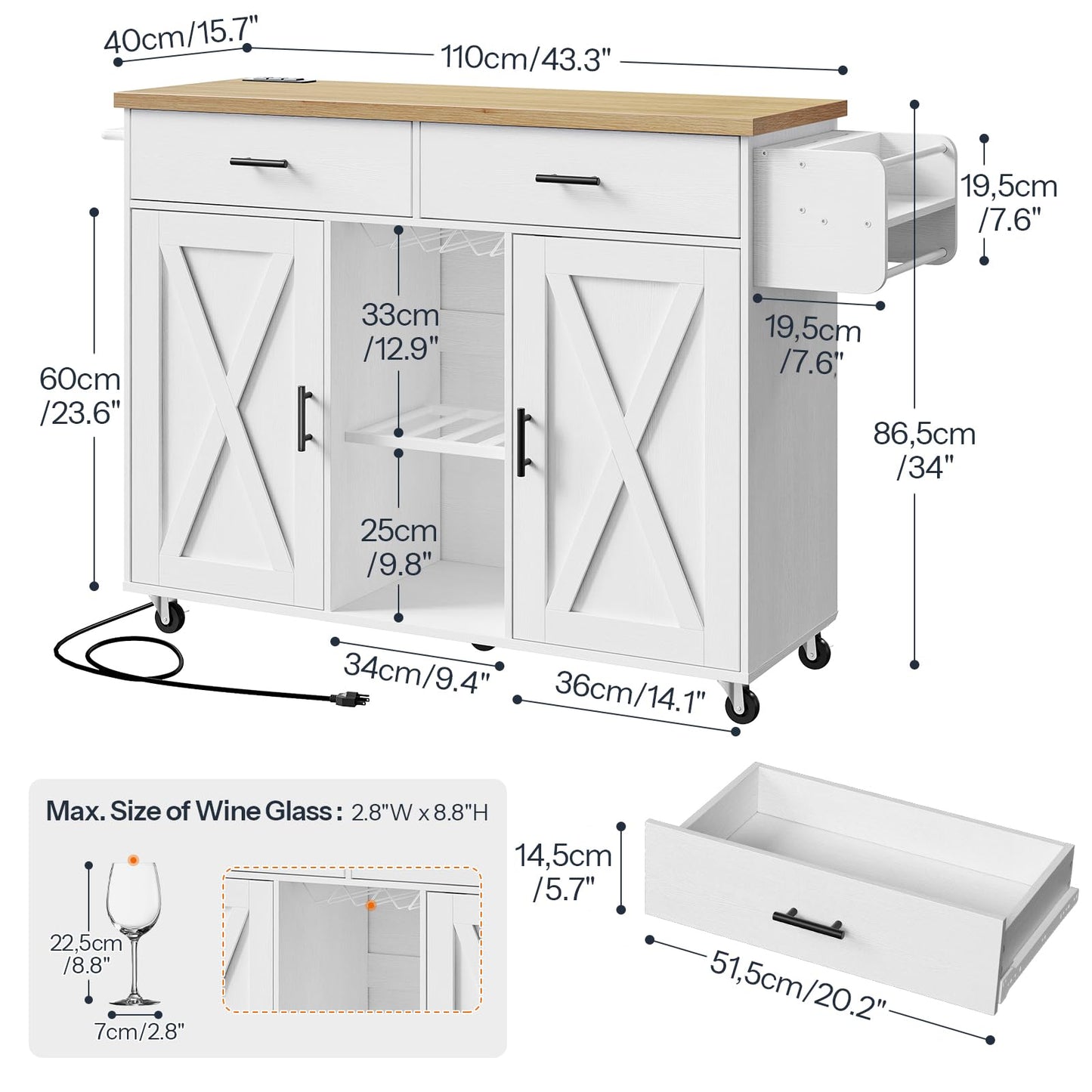 HOOBRO Rolling Kitchen Island with Power Outlet & Drawers