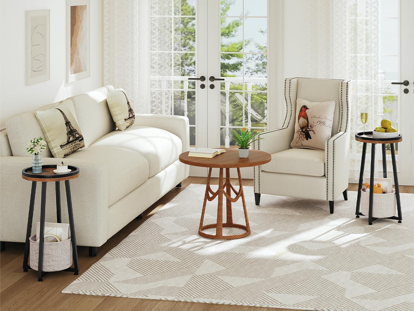 HOOBRO 2-Tier Small Round Side Table with Storage Basket