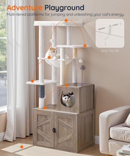 HOOBRO Cat Tree with Hidden Litter Box Enclosure & Sisal Posts
