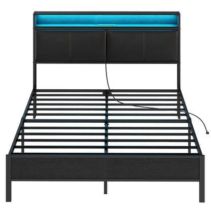 HOOBRO Queen Metal Bed Frame with LED Lights & Headboard Shelves