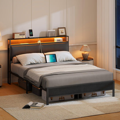 HOOBRO Queen Metal Bed Frame with LED Lights & Headboard Shelves