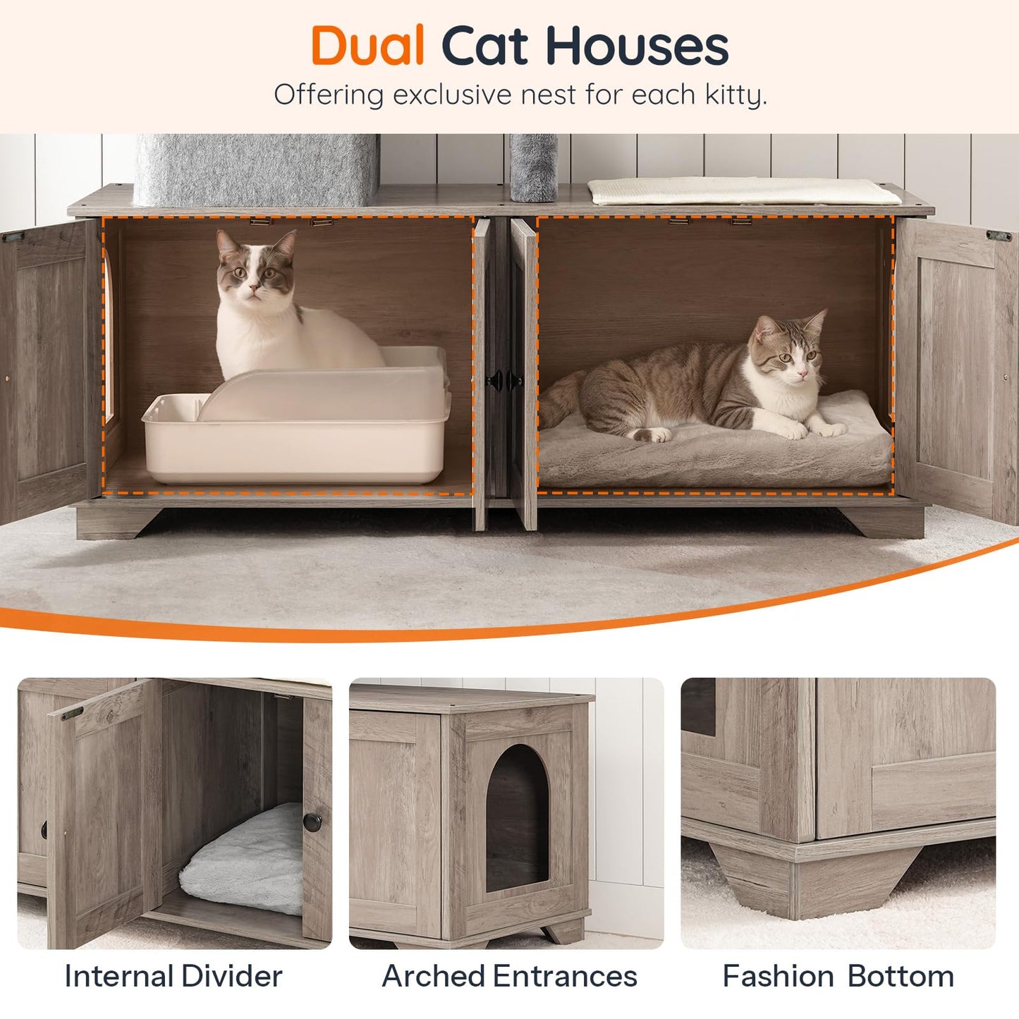HOOBRO Greige Double-Layer Concealed Integrated Litter Box Enclosure with Cat Tree & Hammock & Sisal Post