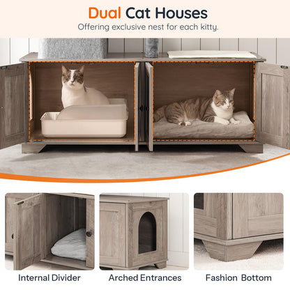 HOOBRO Greige Double-Layer Concealed Integrated Litter Box Enclosure with Cat Tree & Hammock & Sisal Post