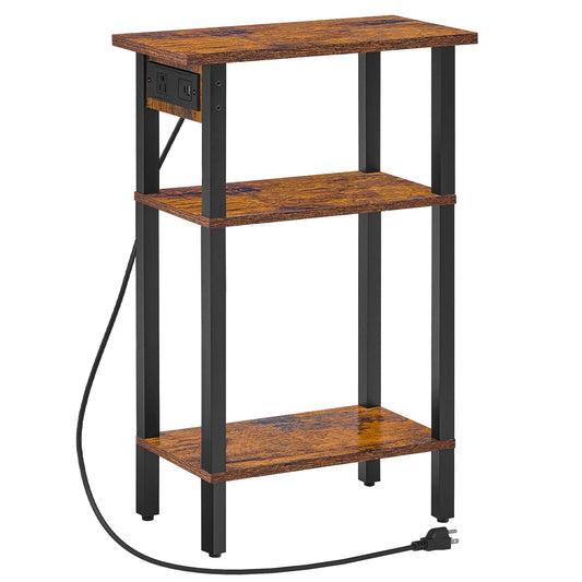 HOOBRO Narrow Side Table, 3-Tier Slim End Table with Charging Station, Skinny Nightstand with Open Storage, for Small Spaces, Living Room, Bedroom, Study, Rustic Brown and Black BF340UBZ01